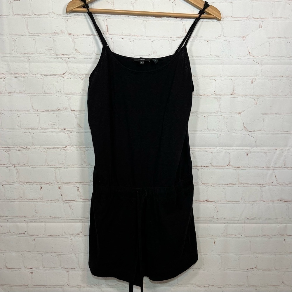 Theory Neridia Romper Shorts Womens Medium Black Tank Drawstring Round Neck